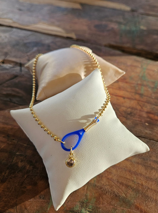 🎾 "Blue Ace" Tennis Racquet Necklace - Large Racquet/Round Zircon Charm - 17 inches long SKU 5200045