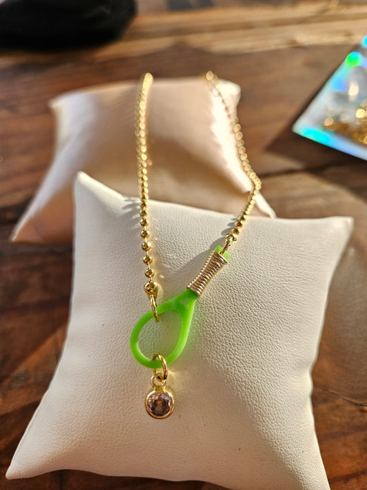 🎾 "Neon Green Ace" Tennis Racquet Necklace - Large Racquet/Round Zircon Charm - 17 inches long SKU 5200046