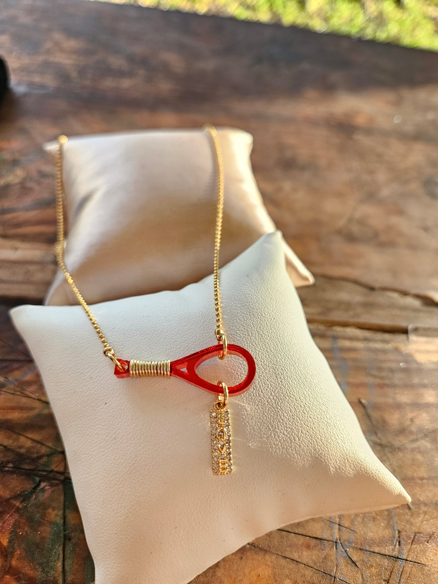 🎾 "Red Love Ace" Tennis Racquet Necklace - Large Racquet/LOVE Charm - 17 inches long SKU 5200043